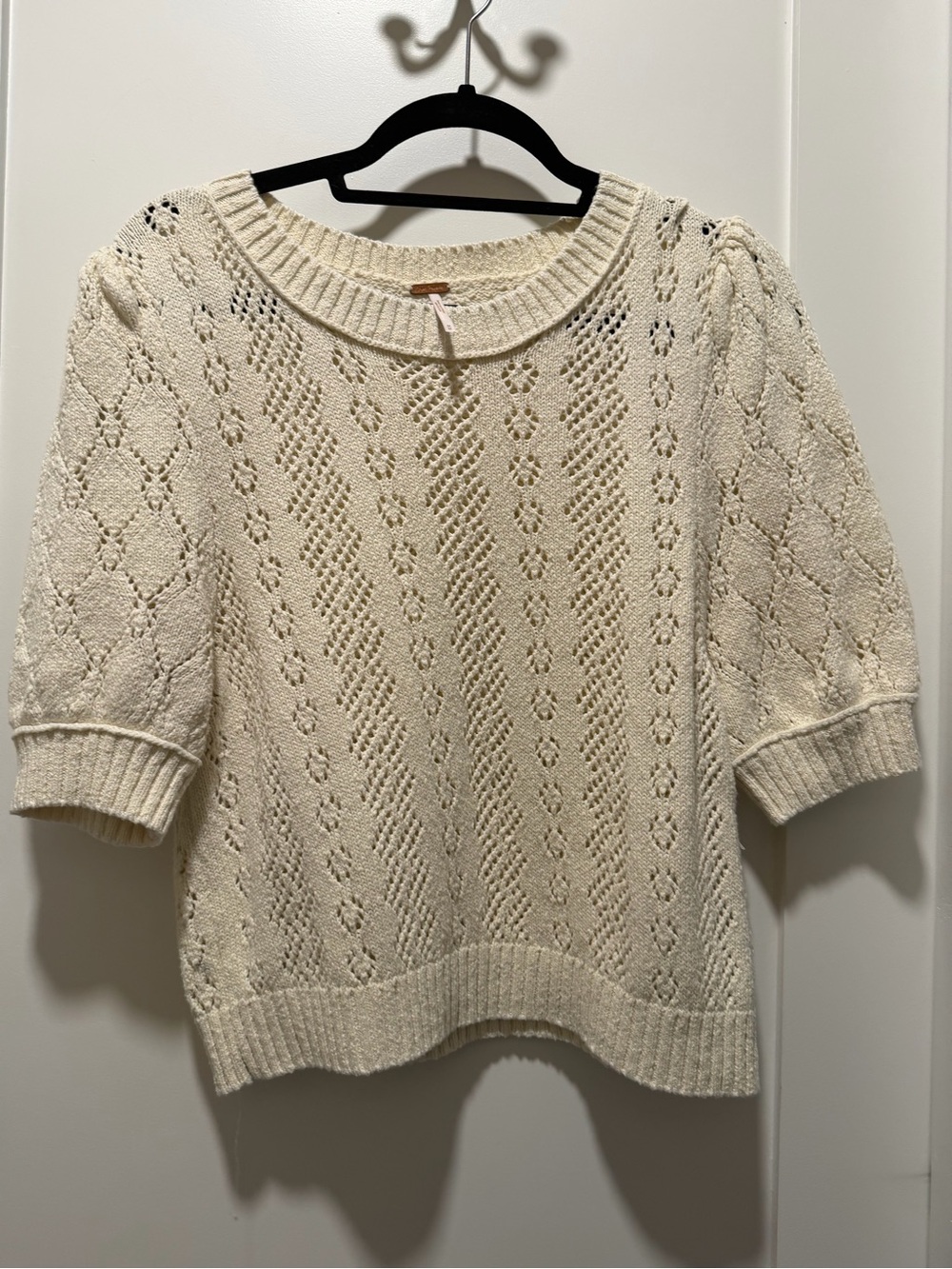 Free People Cream Open-Knit Short Sleeve Sweater